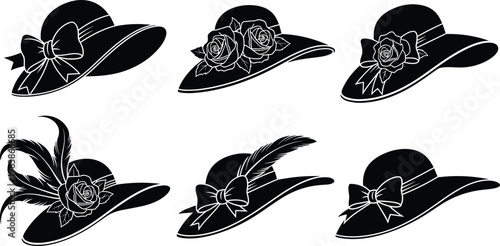 Set of elegant vintage style wide brim women's sun hats featuring black silhouettes decorated with roses, feathers, and ribbons for fashion design and apparel.