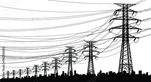 High voltage transmission towers silhouette illustration, urban cityscape artwork, electrical infrastructure design concept, black and white vector template set