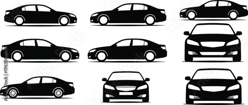 Collection of nine black car silhouettes in various angles and views