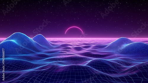 Abstract digital landscape with grid pattern and vibrant purple and blue colors