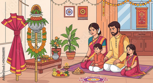 Indian family celebrating Gudi Padwa festival at home performing traditional puja with kalash and offerings illustration for cultural events and traditions