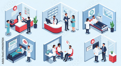 Isometric medical scenes depicting doctor consultations patient care and hospital rooms perfect for healthcare infographics and website design