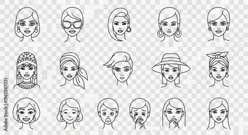 Collection of diverse female faces and hairstyles simple outline vector illustrations for beauty and fashion concepts isolated on transparent background
