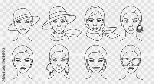 Minimalist line art woman face icons, set of 8 female portraits with fashion accessories, elegant beauty avatar vector illustrations