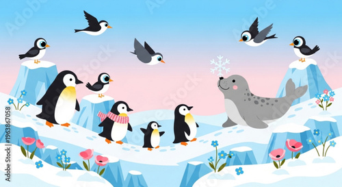 Cute arctic animals vector illustration, cartoon penguins and seal on snowy ice landscape, winter wildlife background with birds and flowers