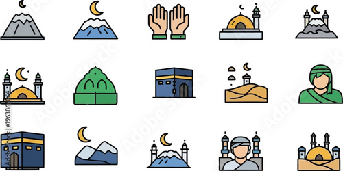Hajj pilgrimage icons and symbols illustrations