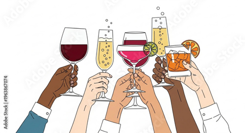 Diverse hands holding various cocktail glasses in a celebratory toast flat vector illustration for party and event concepts