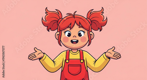 Cute cartoon girl with red pigtails and overalls smiling with open hands perfect for childrens content and playful designs