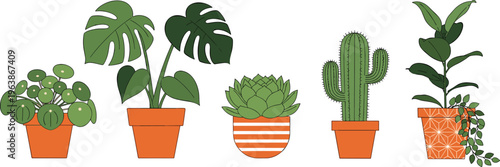 Set of five indoor potted plants featuring monstera deliciosa, cactus, succulent, and pilea peperomioides illustrations in terracotta pots isolated on white background vector.