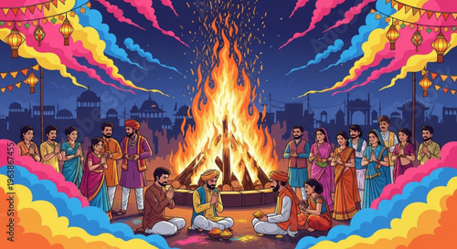 People gather around a large bonfire at night celebrating a festival or ritual with colorful decorations and lights expressing joy and community spirit
