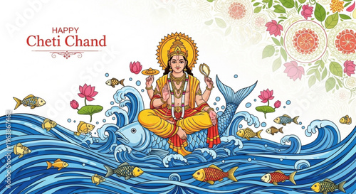 Hindu goddess sitting on ocean waves with fish and flowers celebrating cheti chand festival