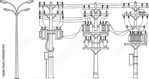 Electric utility pole set with street light, transformer, power lines, and distribution cables, technical line art vector for industrial infrastructure.