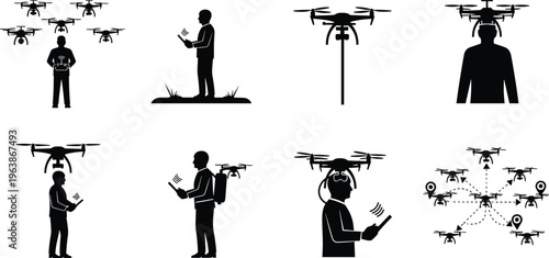 Drone operator silhouettes set isolated on white background, industrial quadcopter pilots with remote controls and uav technology vector illustration collection.