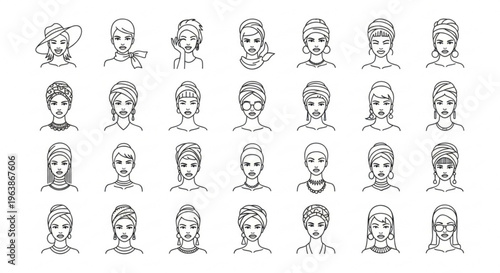 Collection of Diverse Portraits: An artful collection of monochrome portraits, each depicting a unique face with its distinct hairstyle and personality.