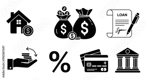 Financial Icons for Banking and Mortgage: A collection of simple, black and white icons representing financial concepts related to real estate loans and bank lending. 