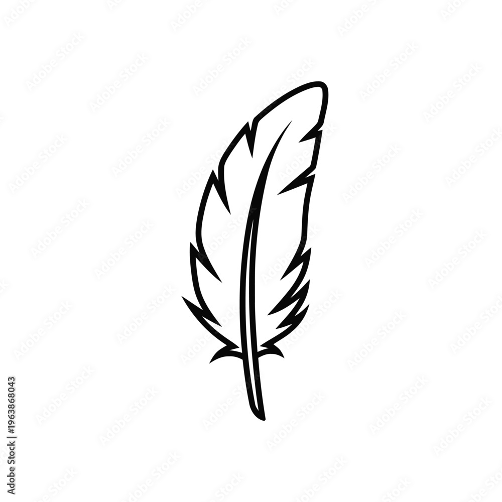 Obraz premium A delicate feather is rendered in a simple black outline style, positioned vertically against a clean, empty white background for graphic use.