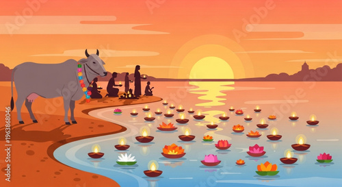 Serene sunset scene with a cow people and floating candles on water symbolizing peace and spirituality at dusk
