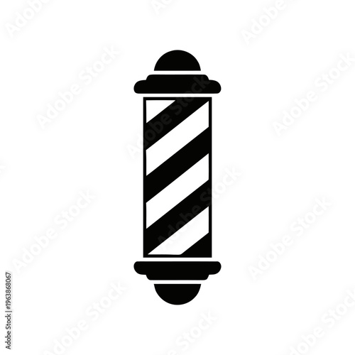 A traditional barber pole graphic features bold diagonal black and white stripes rotating around a central cylindrical shape, symbolizing a hair salon.