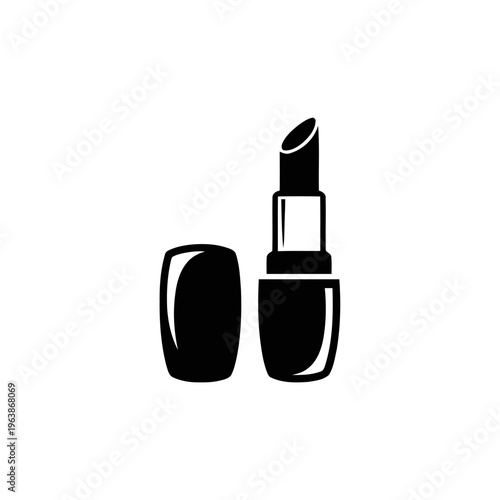 Black and white icon of an open lipstick tube stands next to its detached cap on a neutral background.