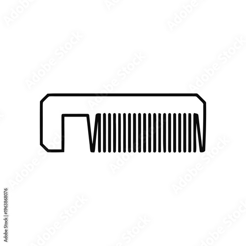 A simple black outline drawing depicts a pocket-sized hair comb with varying tooth sizes for different styling needs.