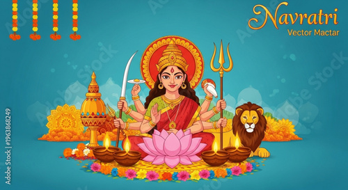 Durga maa sitting on lotus with lion trident and sword celebrating navratri festival