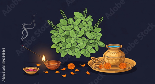 Traditional indian diwali puja setup with tulsi plant diyas incense and decorative pot on dark background
