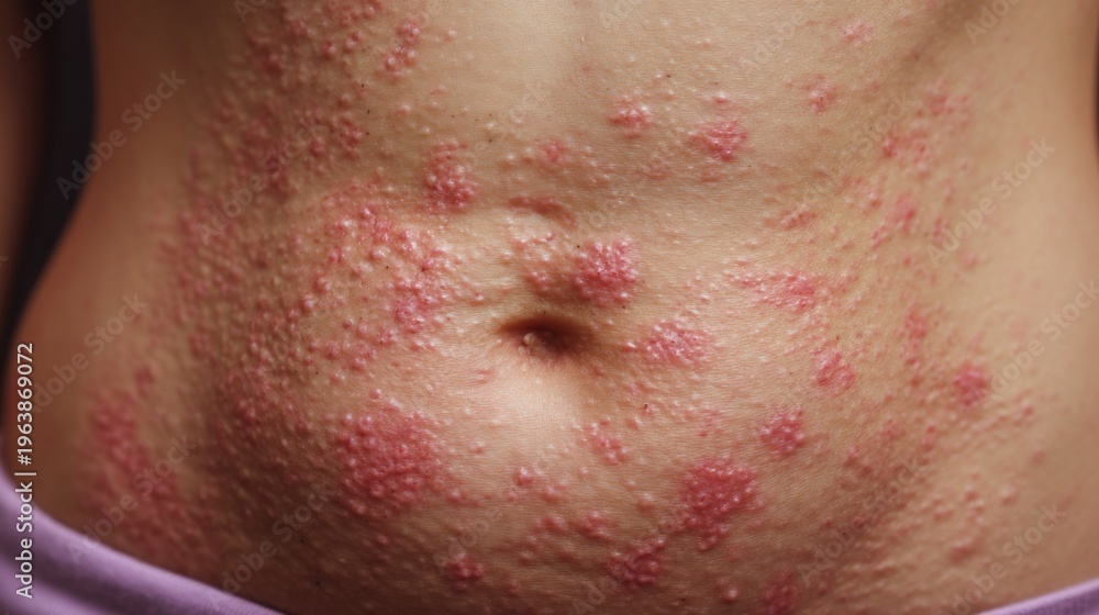 Fototapeta premium Close-up of Lower Abdomen Skin Showing Fungal Rash Symptoms in Detail