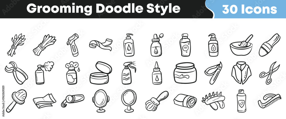 Naklejka premium Collection of thirty hand drawn black and white doodle style icons representing various personal grooming and beauty products.