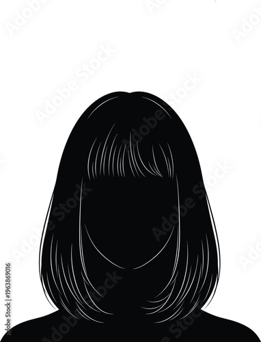 Black silhouette of a woman with bob haircut and bangs isolated on white background for identity avatar or hair salon