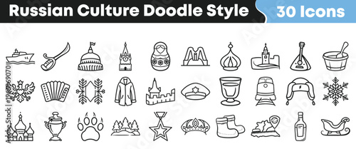 A collection of 30 hand-drawn doodle style icons representing various elements and symbols of Russian culture and tradition.