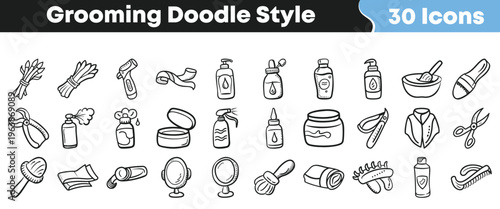 Collection of thirty hand drawn black and white doodle style icons representing various personal grooming and beauty products.