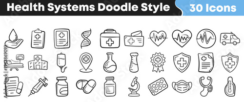 Collection of thirty hand drawn doodle style icons representing various essential elements of modern healthcare systems and medicine