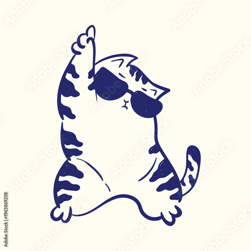 Cool Tabby Cat Pointing Up with Sunglasses Hand Drawn Doodle Illustration — Confident Striped Cat Character Vector.