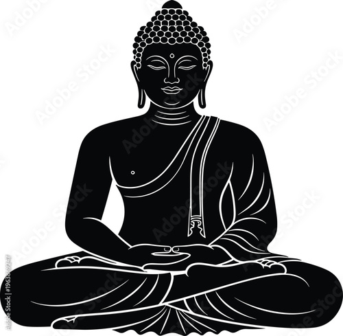 Black silhouette of Buddha sitting in meditation, peaceful zen yoga pose isolated on white background, spiritual enlightenment for wellness and spa