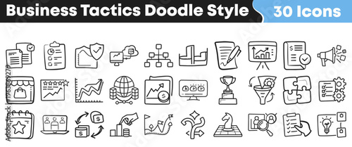 Thirty hand drawn doodle style business tactics icons illustrating strategy planning finance data growth and achievement concepts