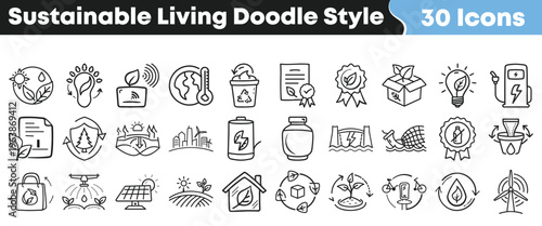 A comprehensive set of 30 hand-drawn doodle style icons representing essential concepts of sustainable living and environmental protection.