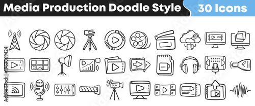 This comprehensive collection of hand-drawn doodle style icons represents various essential tools and concepts used in modern media production and digital content creation.