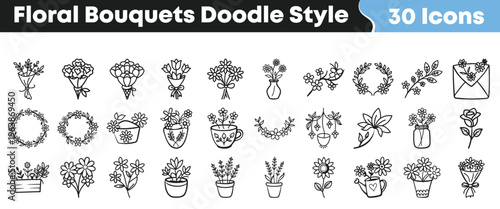 Collection of thirty hand drawn floral bouquet and plant icons designed in a simple black and white doodle style