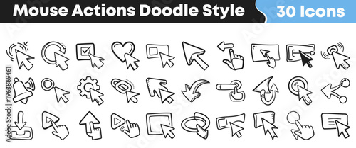 Collection of thirty unique mouse actions and cursor icons rendered in a hand drawn doodle style graphic