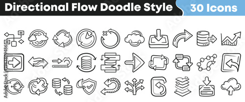 Collection of thirty hand drawn directional flow icons depicting various processes like synchronization data transfer and circular updates