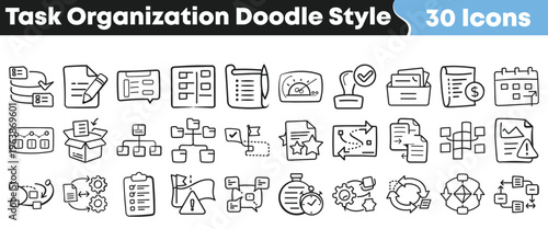 Thirty hand drawn doodle style icons illustrating task organization workflow management processes and planning concepts