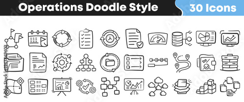Collection of thirty hand drawn doodle style icons representing various business operations management and strategic planning concepts
