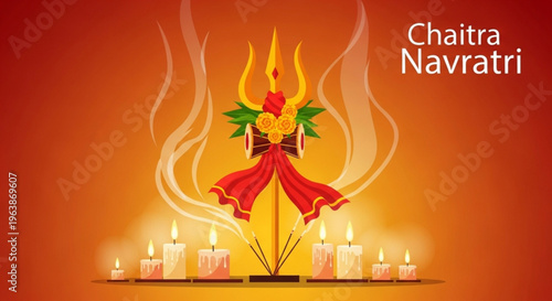 Vibrant chaitra navratri illustration with dancing goddess candles and flames on orange background