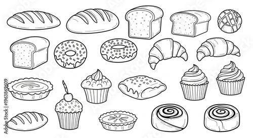 Assorted bakery products and desserts including bread pastries cupcakes and muffins in a detailed line drawing