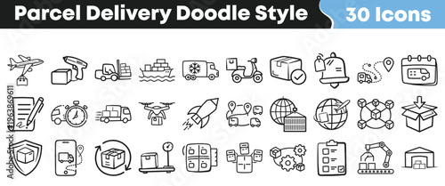 Thirty distinct black and white doodle style icons representing various essential elements of modern parcel delivery and logistics operations.