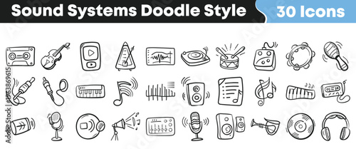 This collection of hand-drawn doodle style icons features various sound systems, musical instruments, and audio equipment for creative design projects.