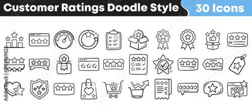 Collection of thirty hand drawn doodle style icons representing various customer satisfaction ratings quality and feedback elements