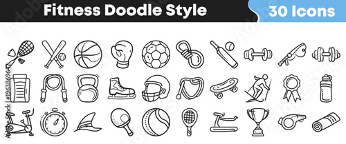A comprehensive collection of 30 hand-drawn fitness and sports doodle icons, perfect for web design, apps, and various athletic-themed projects.