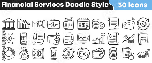 Diverse collection of 30 hand-drawn doodle style financial services icons for banking, investments, payments, and modern money management applications.