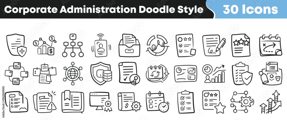 Obraz premium This comprehensive collection of thirty hand-drawn corporate administration icons in a unique doodle style is perfect for business presentations.